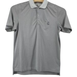 F&G Tech Polo Shirt Mens Medium White Navy Blue Striped Performance Golf Tee